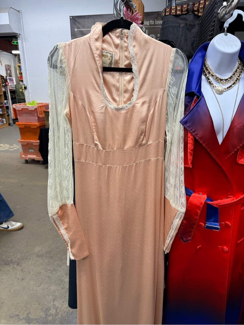 Vintage-Gunne Sak Inspired Peach Maxi Dress with Lace Sleeves